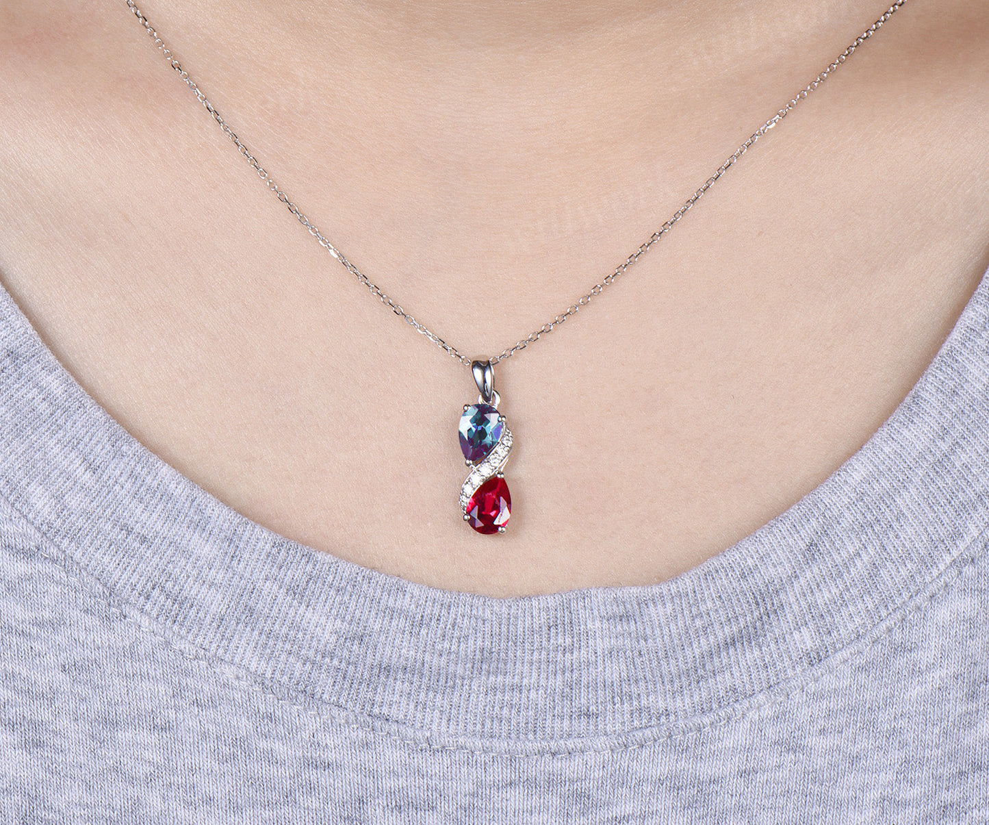 Pear Alexandrite Ruby Two Birthstone Stone Necklace Toi et Moi Pendant Moissanite Accents Infinity Necklace