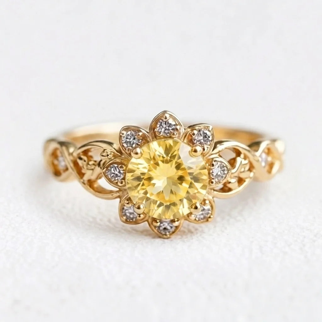 Solara's Petal | Citrine Floral Diamond Halo Engagement Ring