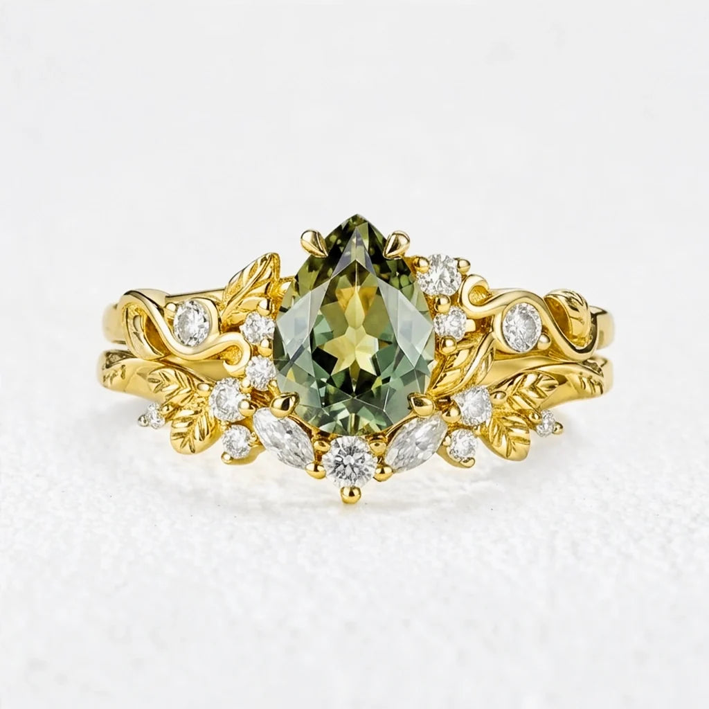 Sylvie’s Vine | 1.3CT Vintage Green Sapphire & Leaf Bridal Set 2pcs
