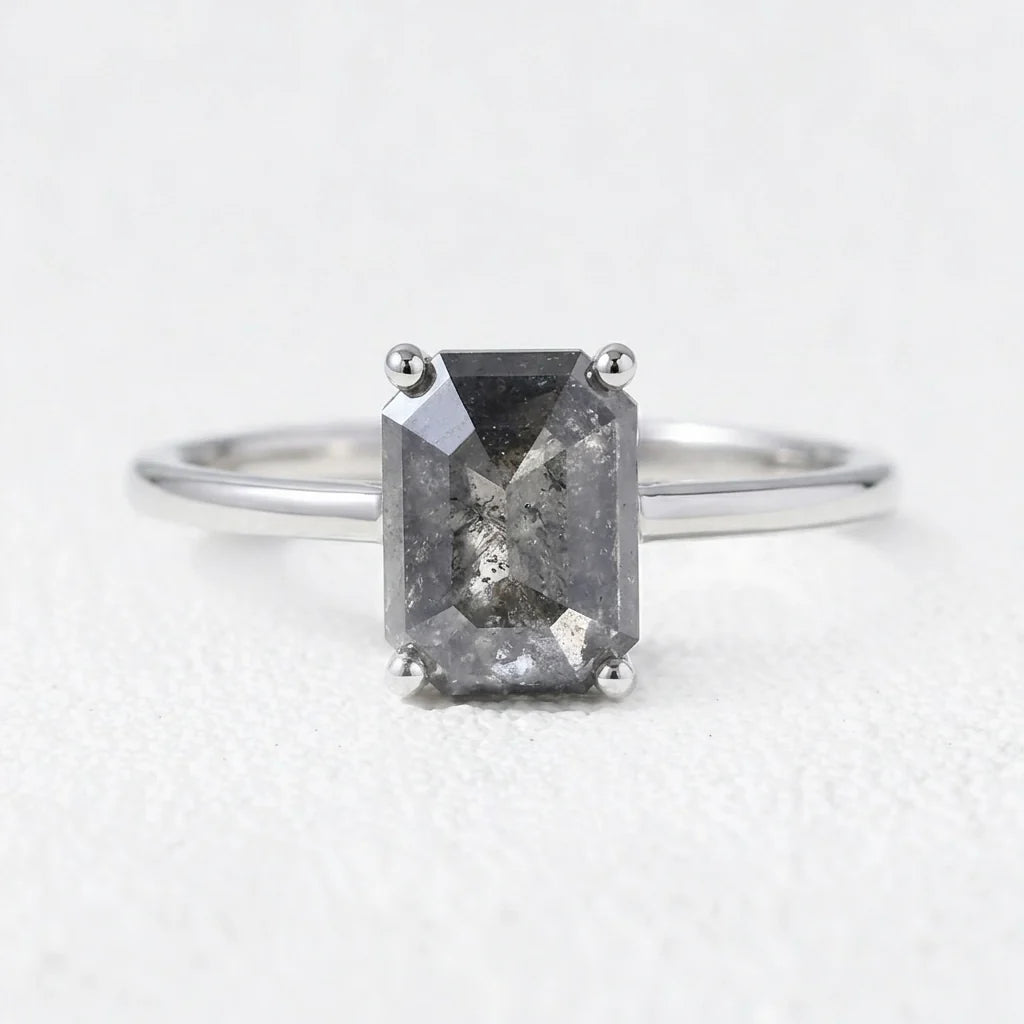 Isadora’s Step | 2CT Emerald Cut Salt & Pepper Diamond Solitaire Engagement Ring