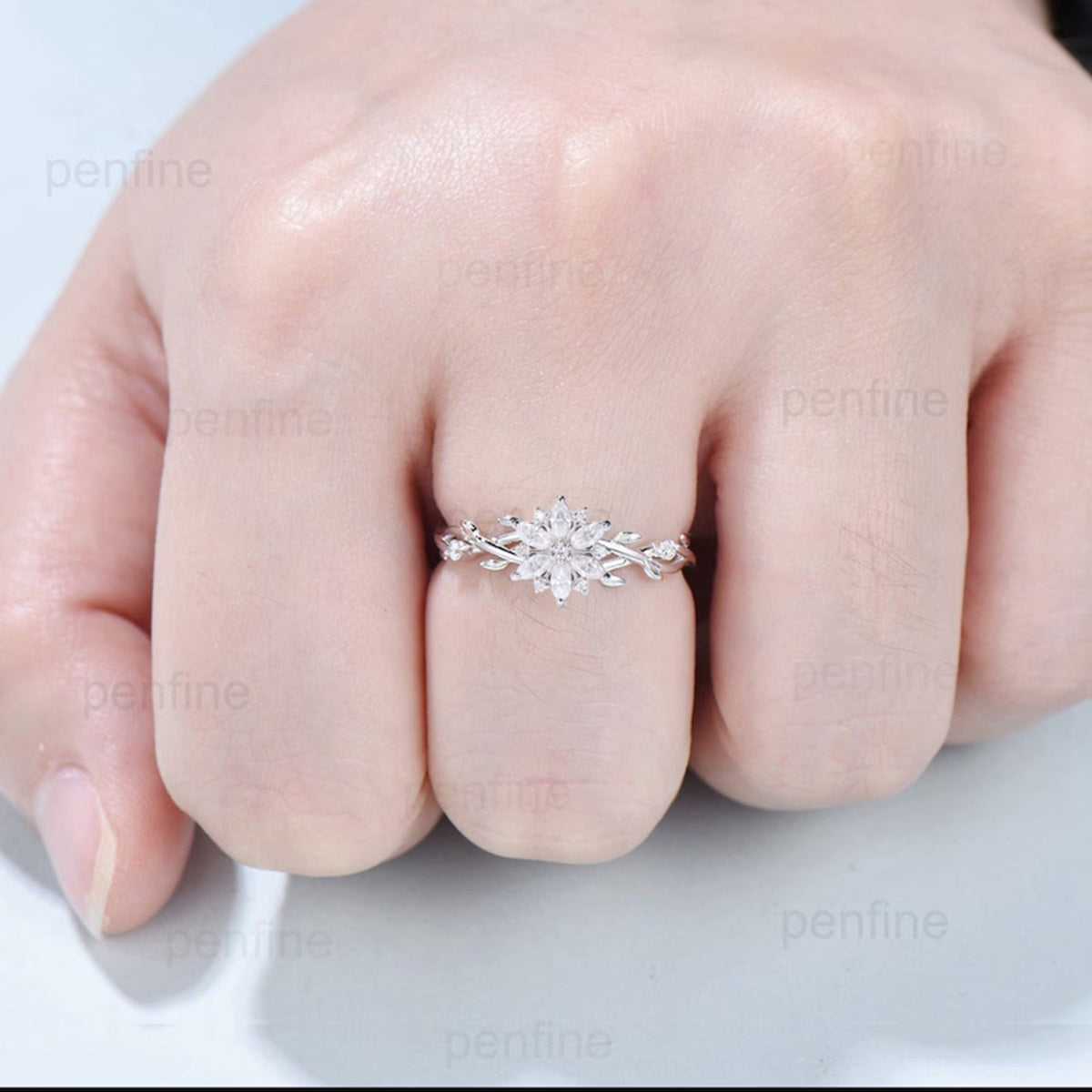 Elegant Snowflake Marquise Moissanite Diamond Ring with Twisted Branch Band