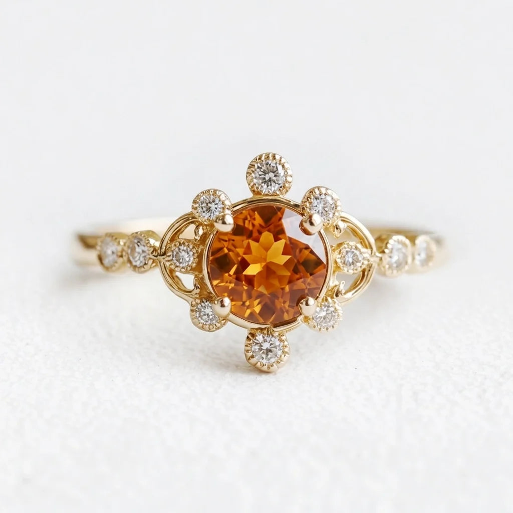 Aurora’s Ember | Round Citrine Vintage Halo Engagement Ring