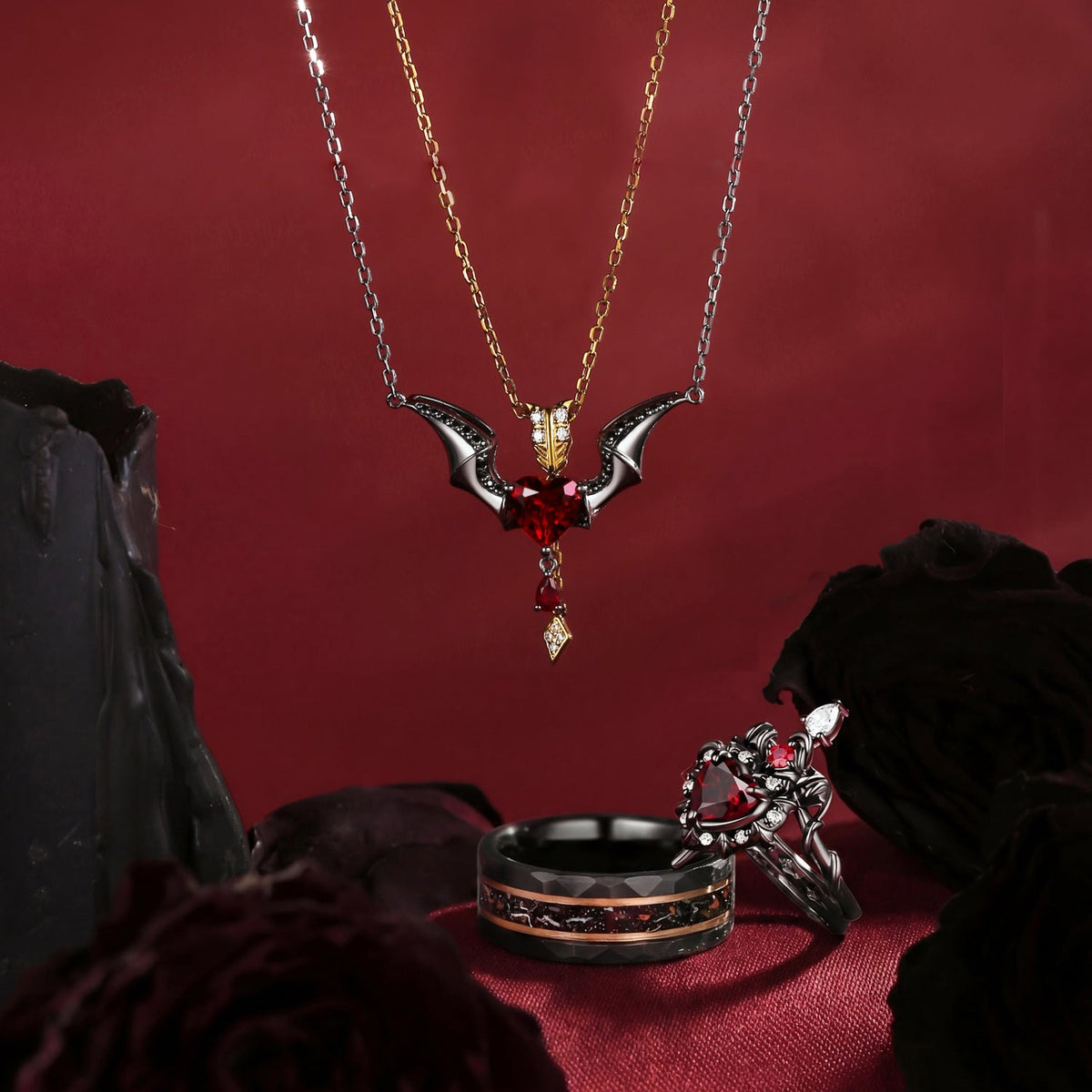 Gothic Heart Garnet Black Gold Engagement Ring Devil Wing Inspired Jewelry Set - 'Cupid's Arrow' Jewelry Box