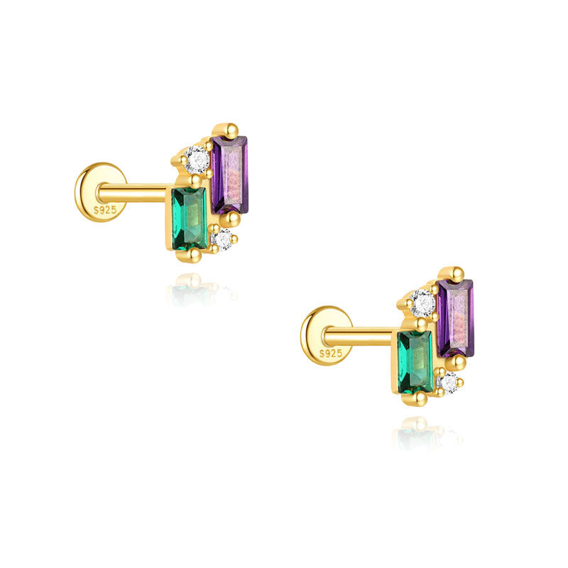 S925 Sterling Silver Gold Plated Multicolor Baguette & Round CZ Flat Back Cartilage Earring