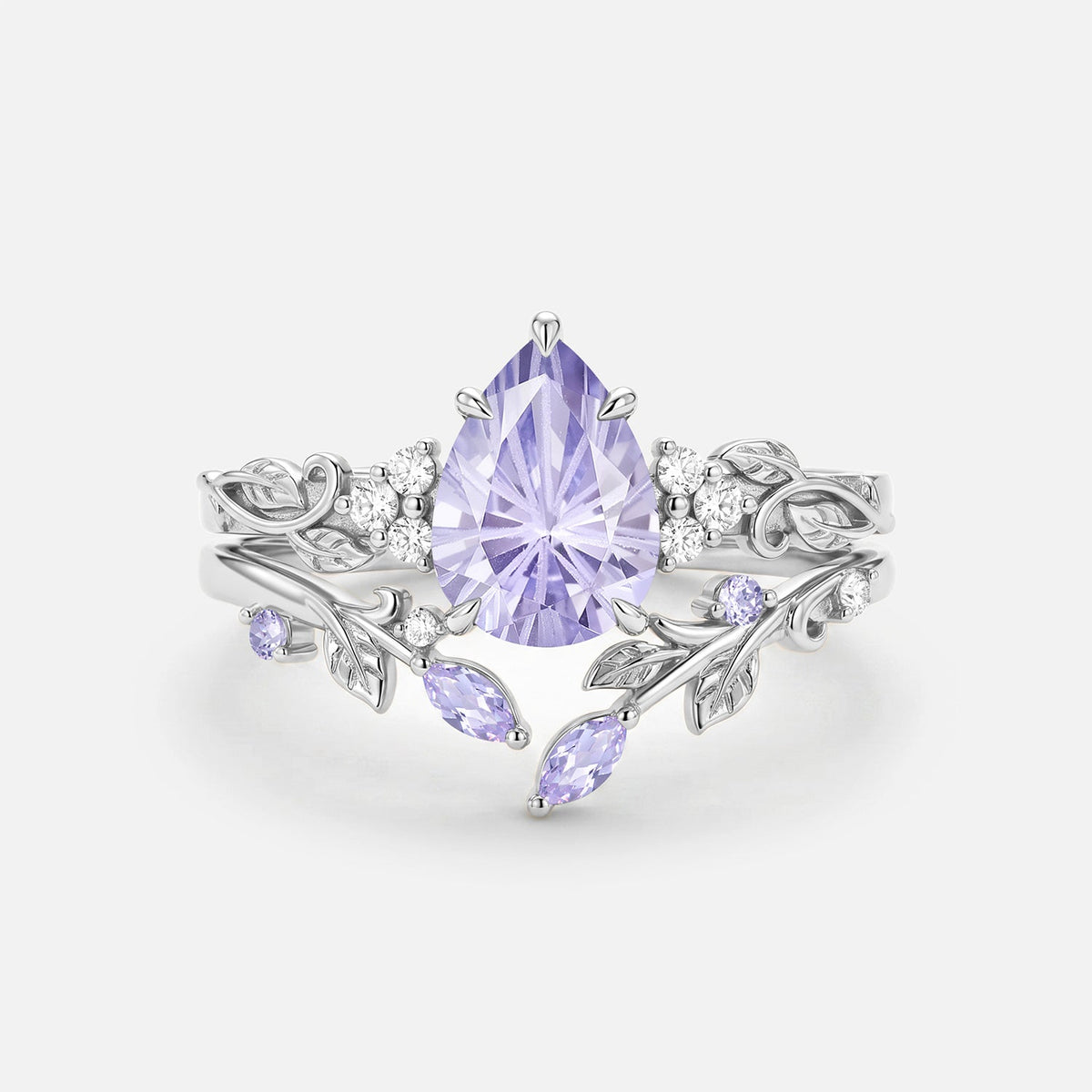 Pear Cut Leafy Firework Lab Lavender Sapphire Engagement Ring Set 2pcs - Cassia