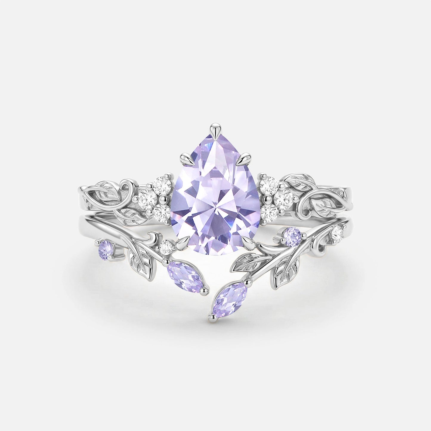 Pear Cut Leafy Lab Lavender Sapphire Engagement Ring Set 2pcs - Cassia