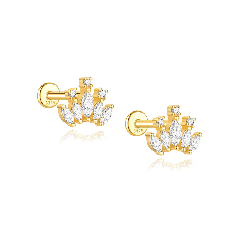 S925 Sterling Silver Gold Plated Marquise & Round CZ Crown Flat Back Cartilage Earring