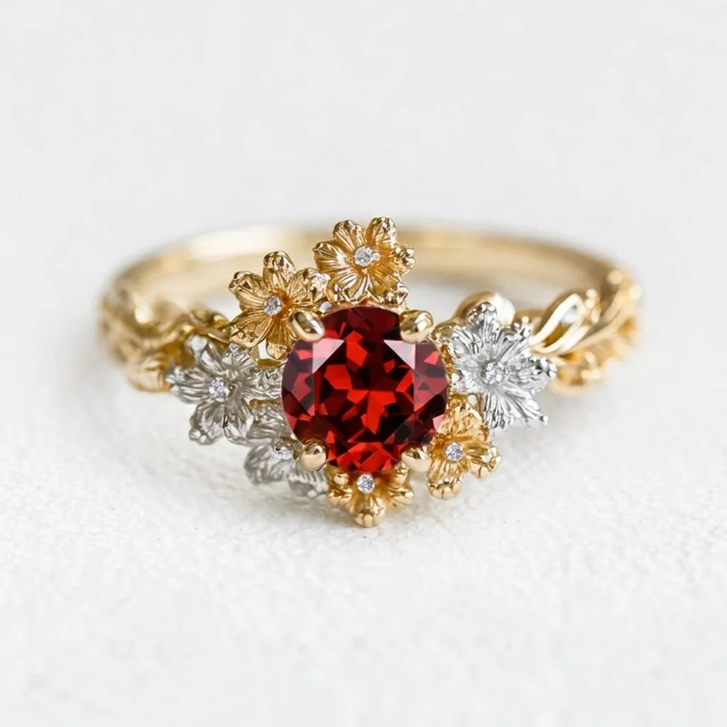Isadora’s Crimson | Round Garnet Solitaire Petal Engagement Ring