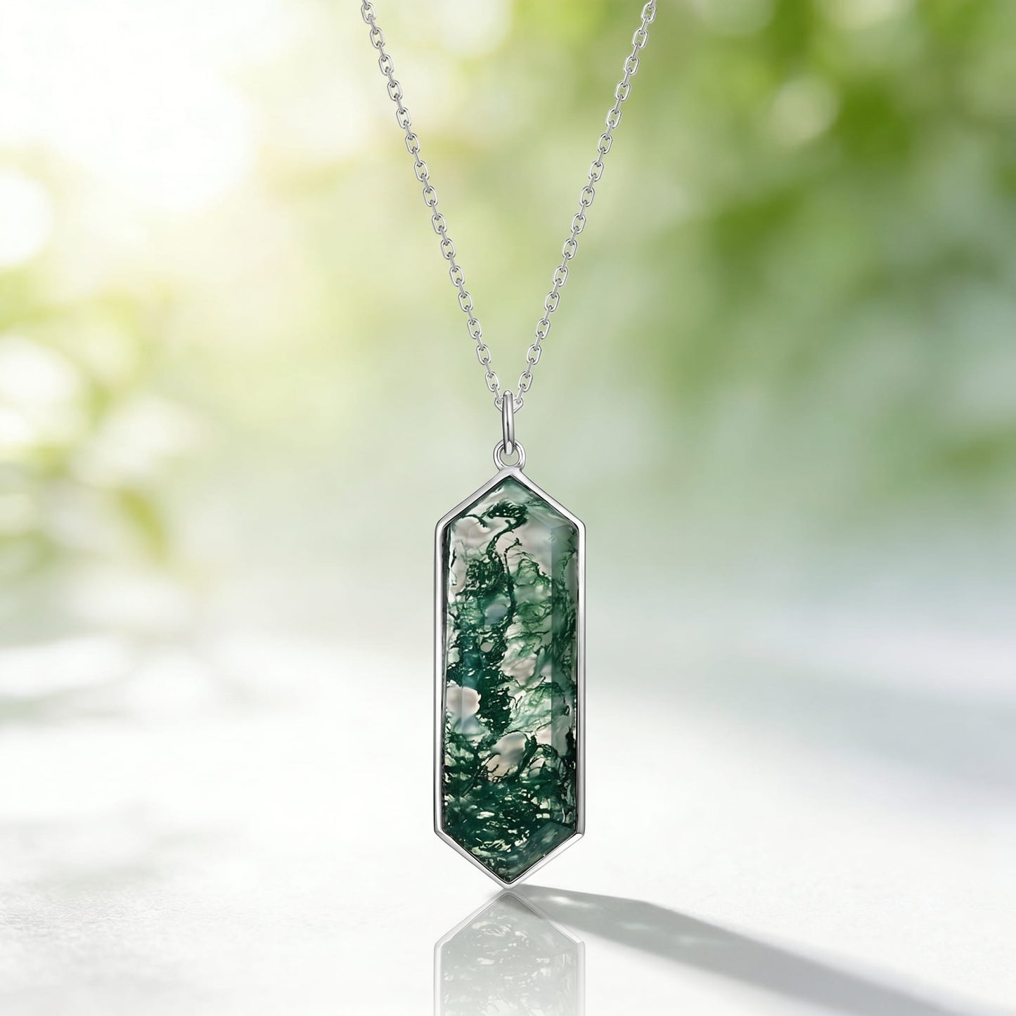 Unique Natural Green Moss Stone Hexagon Pendant Necklace