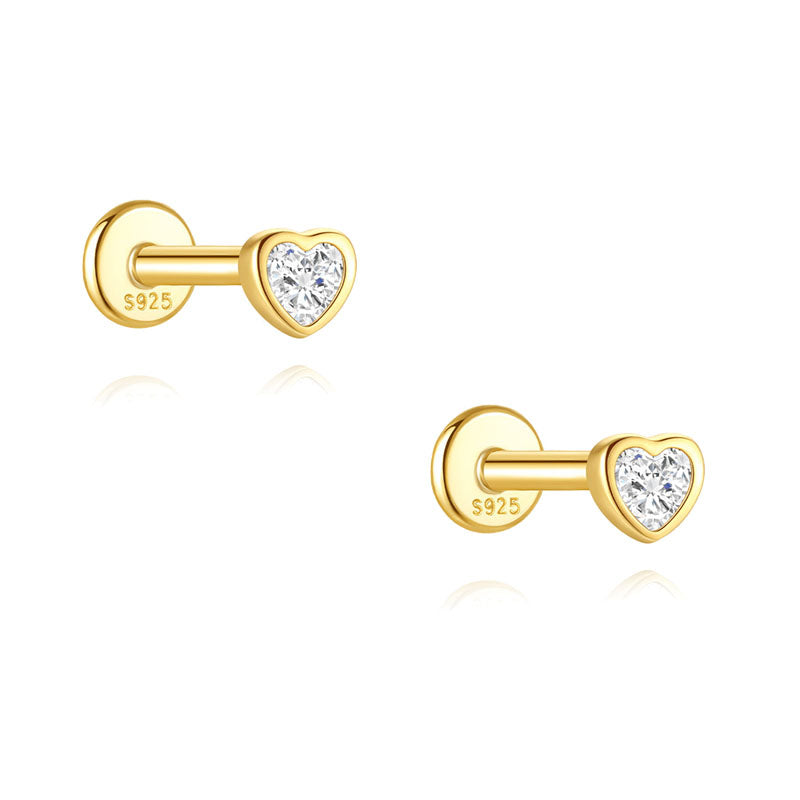 S925 Sterling Silver Gold Plated Heart-Shaped CZ Flat Back Cartilage Earring