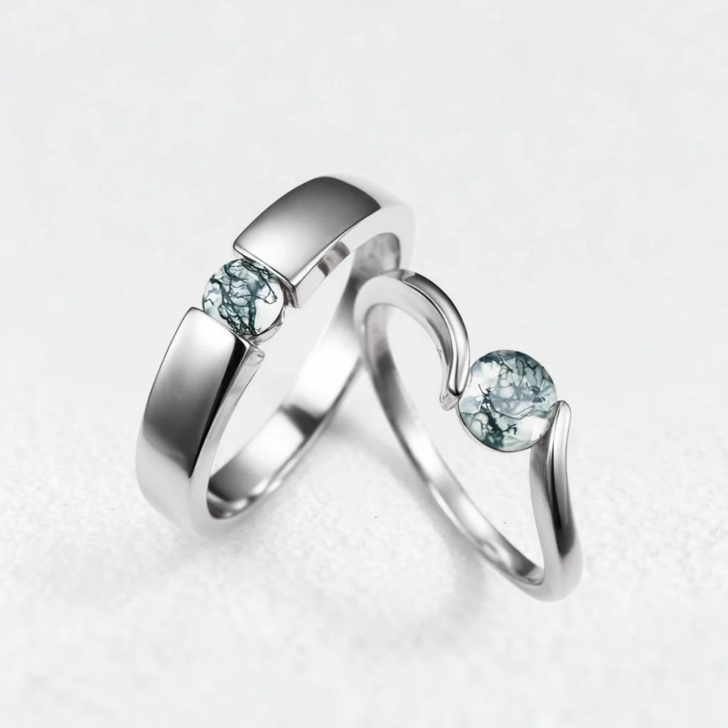 One Stone | Minimalist Solitaire Round Moss Agate Men’s Wedding Band