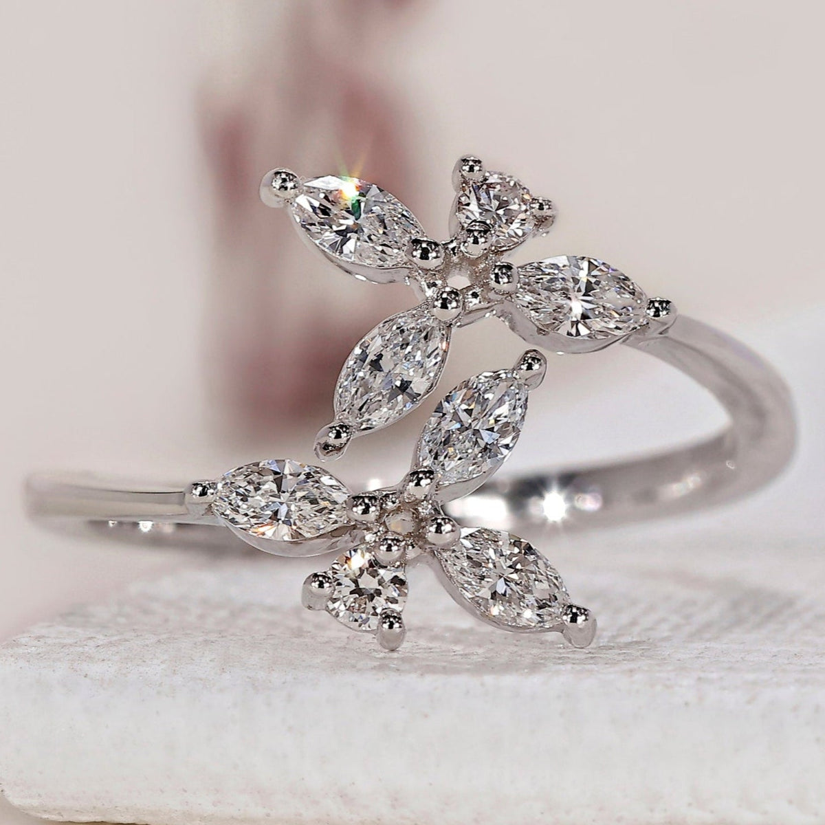 Marquise and Round Diamond Flower Engagement Ring