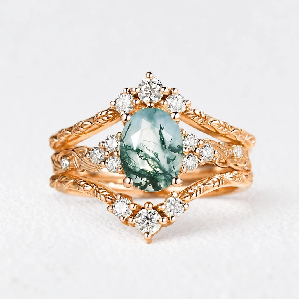Hazel Blingflare Oval Moss Agate Filigree Ring Bridal Set 2pcs