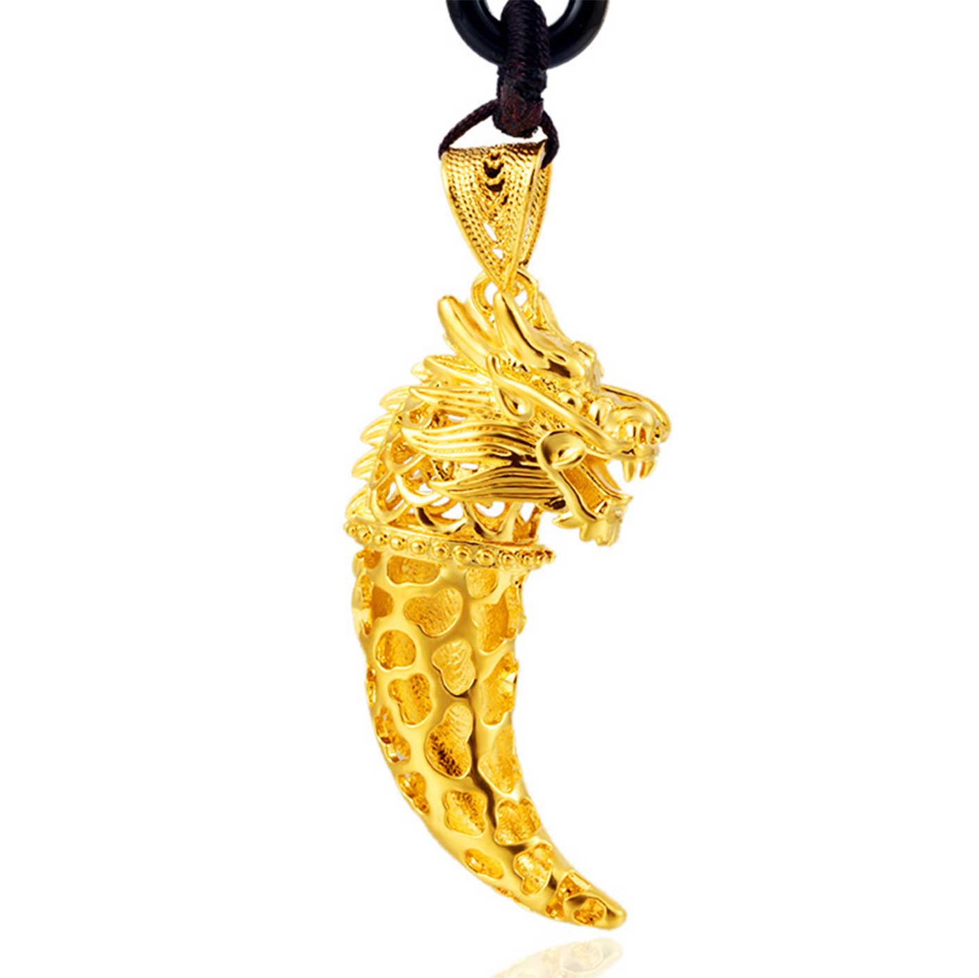 Lucky Golden Dragon Wolf Tooth Pendant Necklace