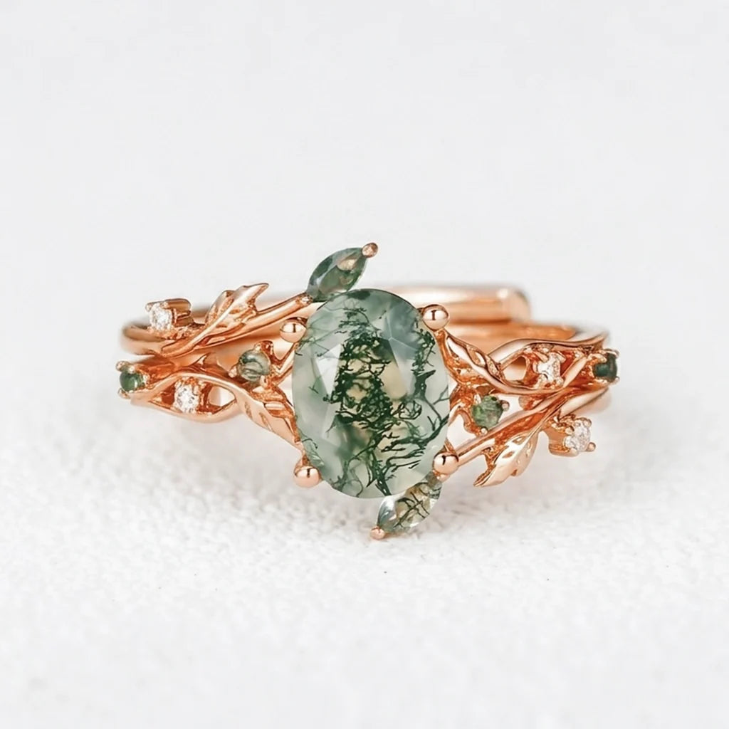 Melisande’s Tracery | Green Moss Agate Leaf Engagement Ring Set 2pcs