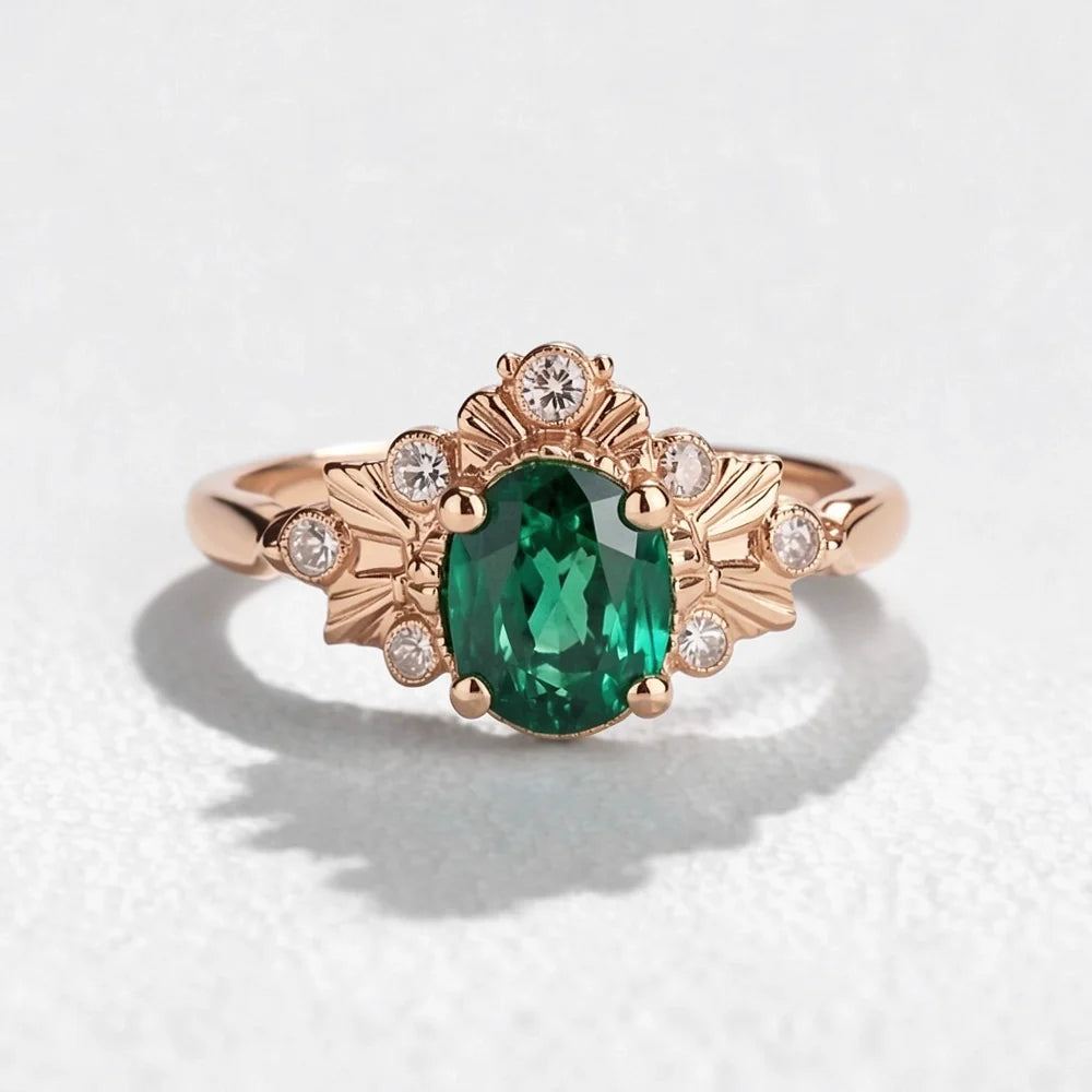 Isolde’s Willow | Vintage Oval Natural Emerald Engagement Ring