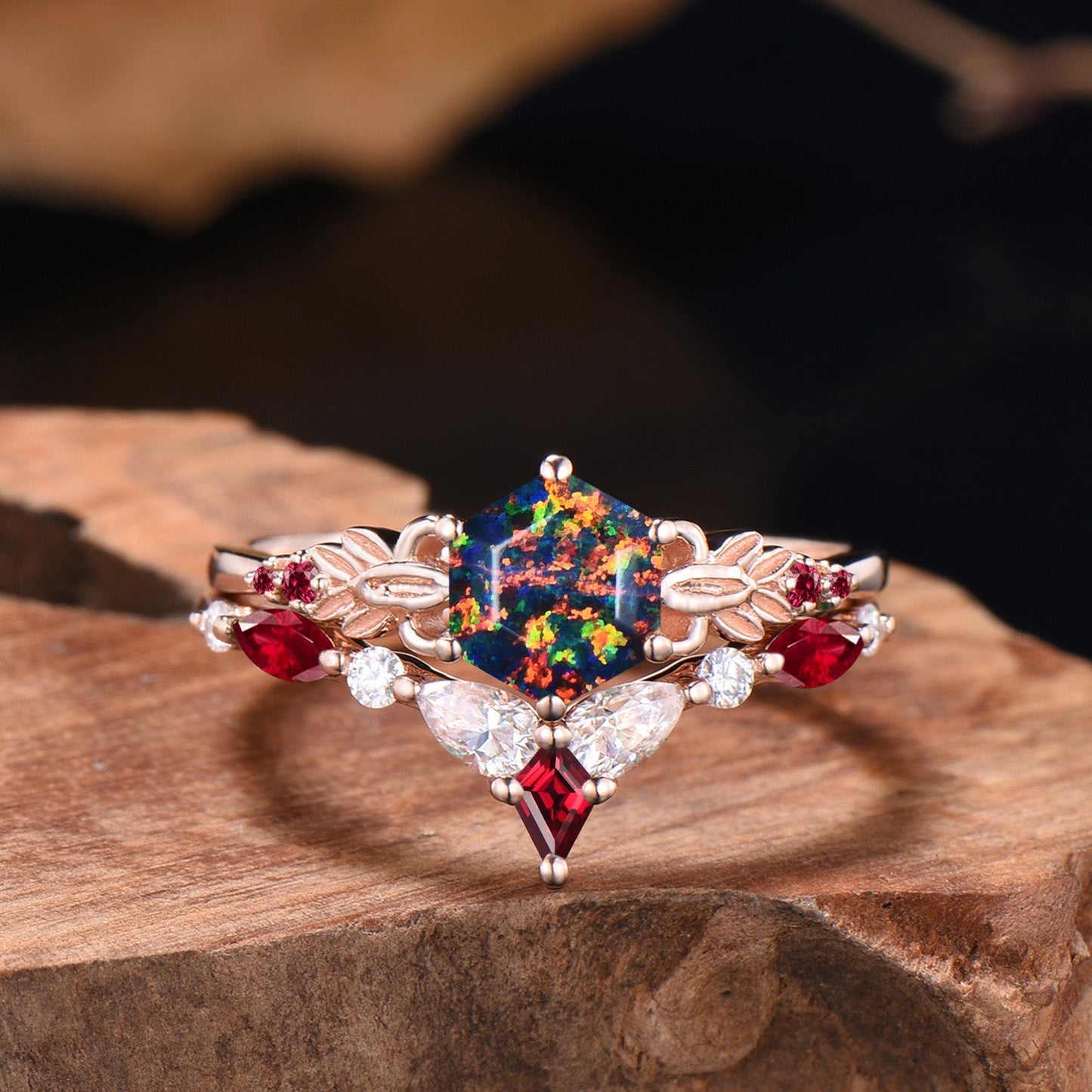 Nature Inspired Balck Fire Opal Engagement Ring Set Flower Leaf Vine Moissanite Wedding Set