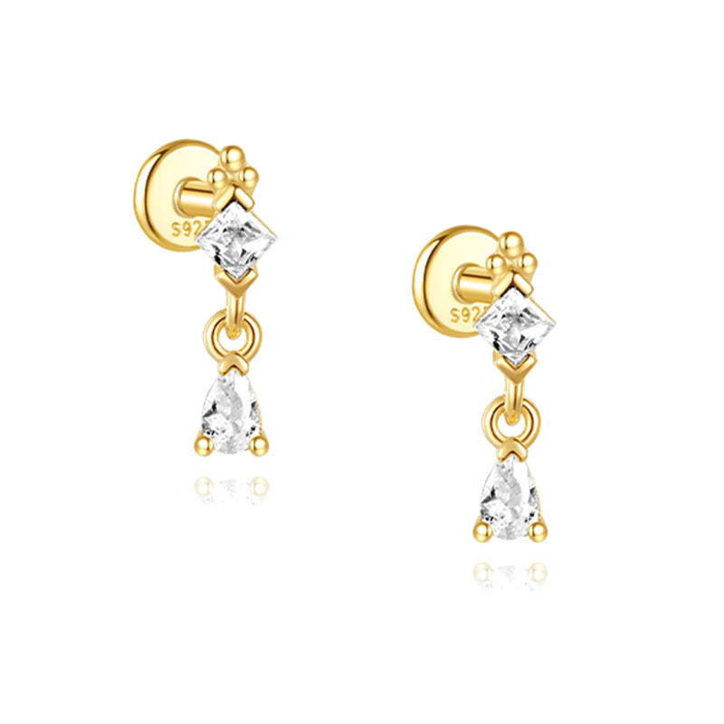 S925 Sterling Silver Gold Plated Princess & Pear Cut CZ Dangle Flat Back Cartilage Earring