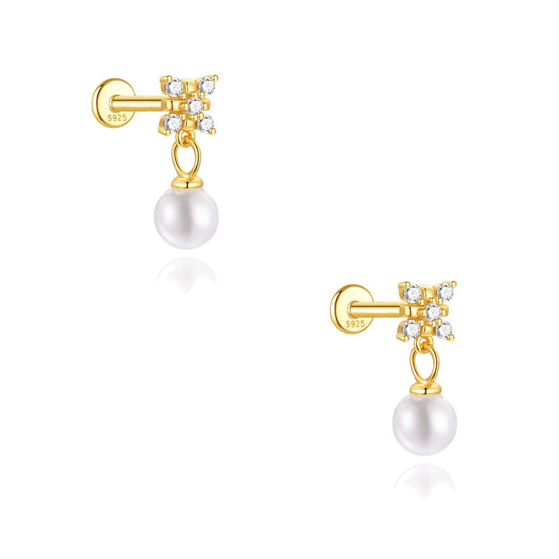 S925 Sterling Silver Gold Plated Flower CZ with Pearl Drop Flat Back Cartilage Earring