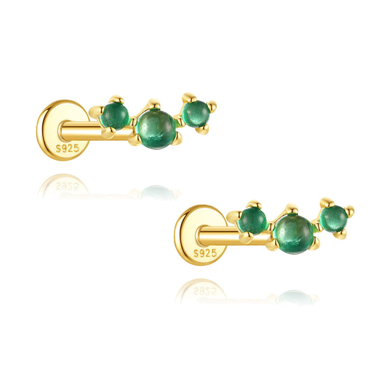 S925 Sterling Silver Gold Plated Three-Stone Green Zircon Linear Flat Back Cartilage Earring