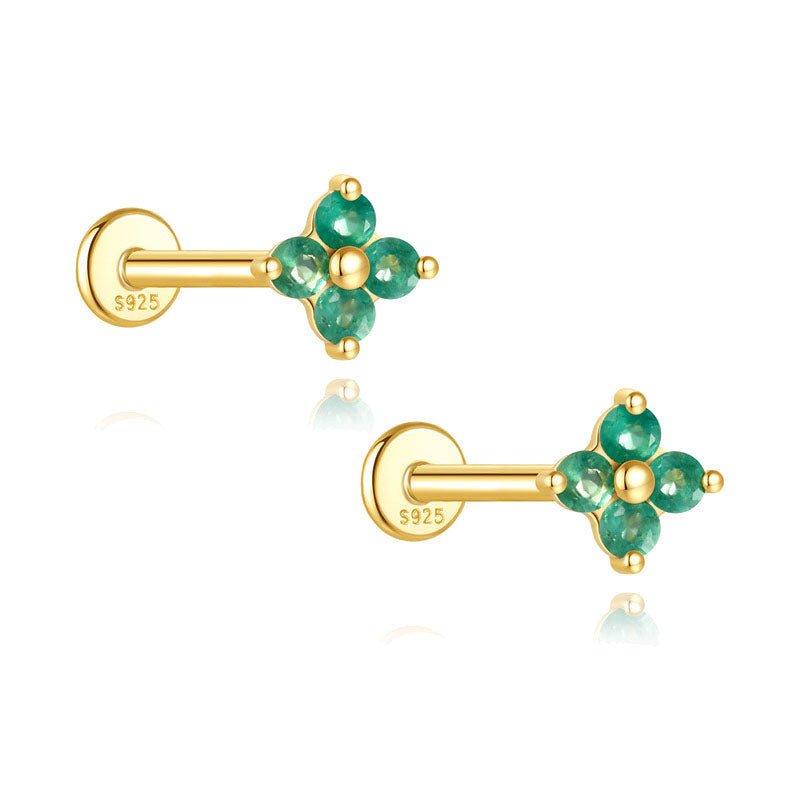 S925 Sterling Silver Gold Plated Four-Petal Green Zircon Flower Flat Back Cartilage Earring