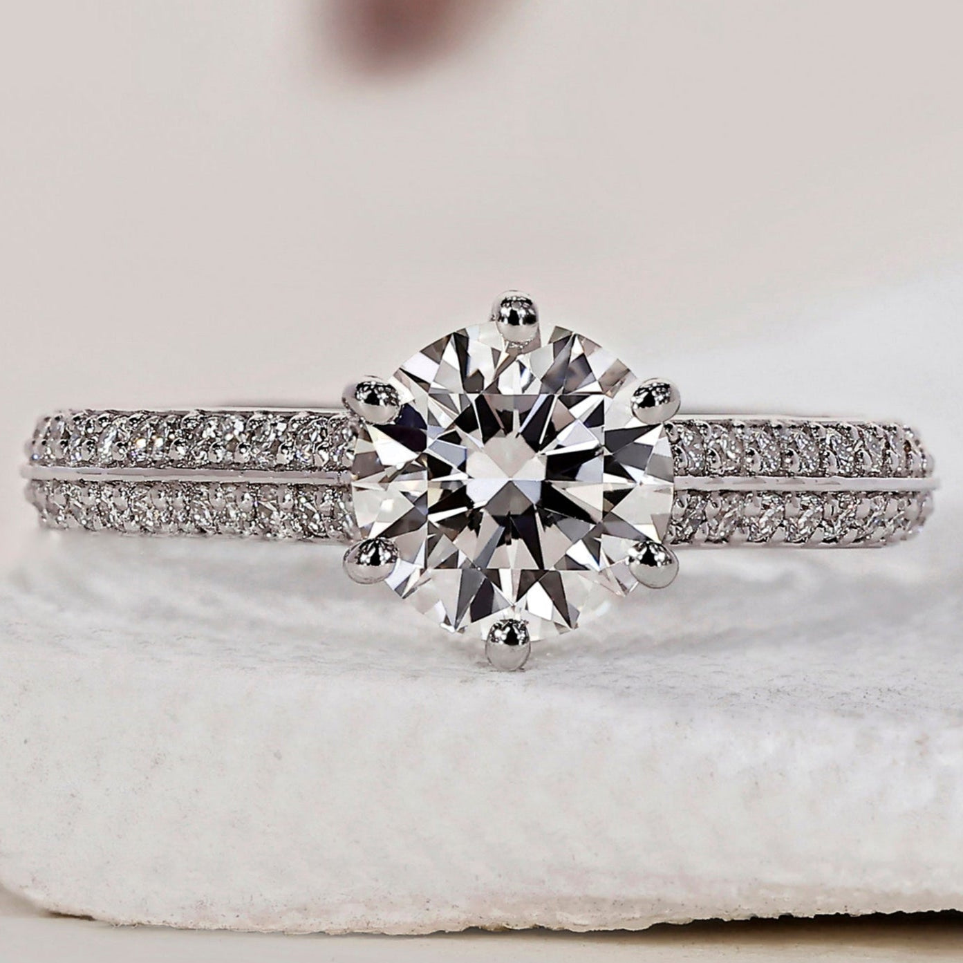 Round Cut Diamond Ring - Two Row Pave