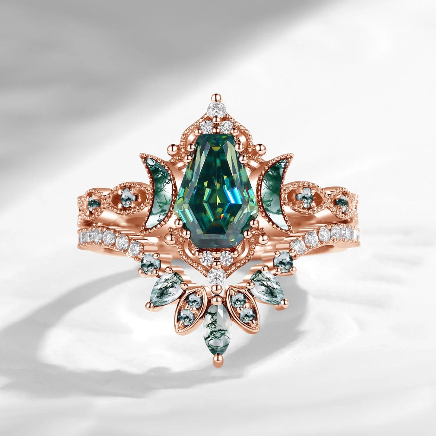 Crescent Moon | Coffin Cut Teal Moissanite 'Ultra Galaxy' Engagement Ring Set 2pcs