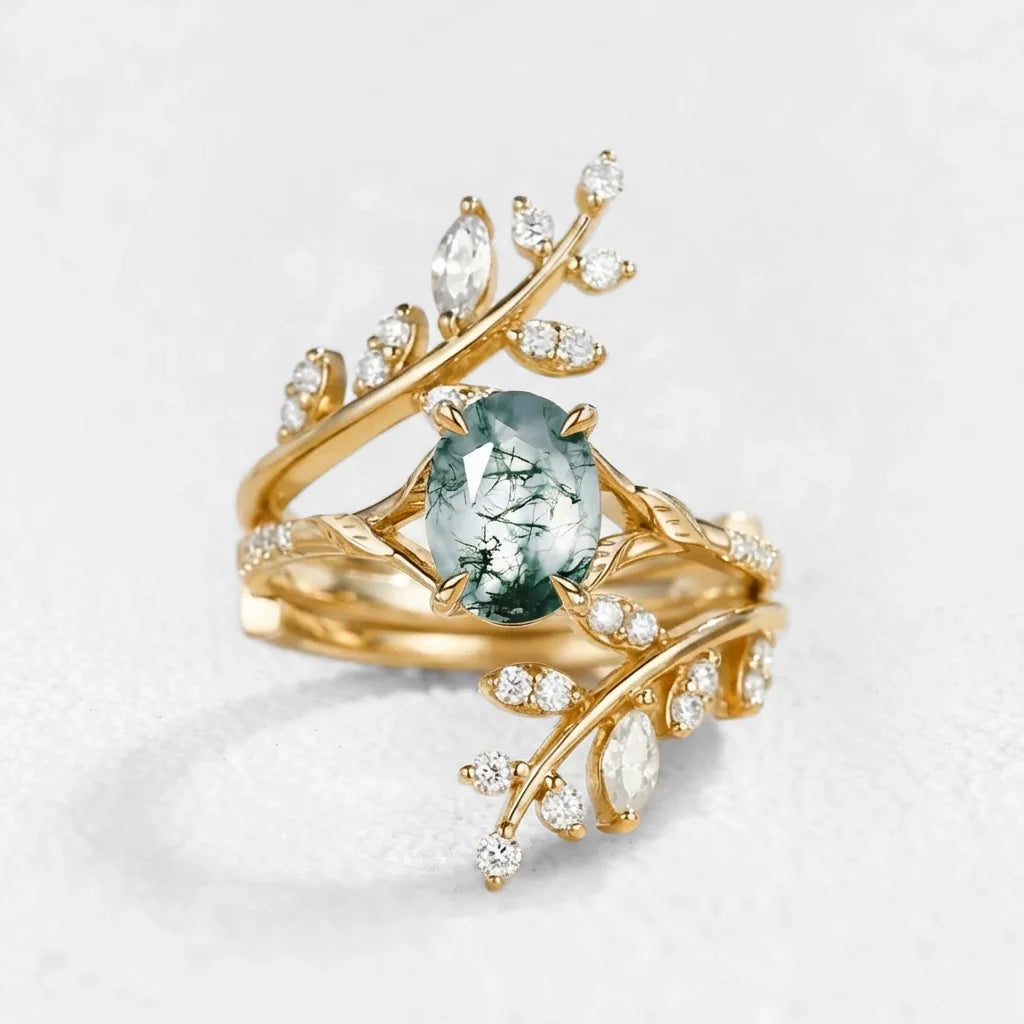 Daphne’s Wreath | Oval Moss Agate Cluster Enhancer Bridal Set 2pcs