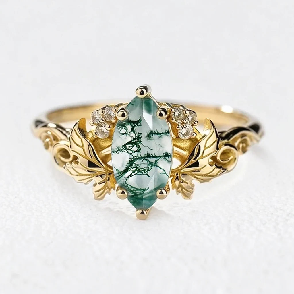 Daphne’s Laurel | Marquise Moss Agate with Diamond Leaves