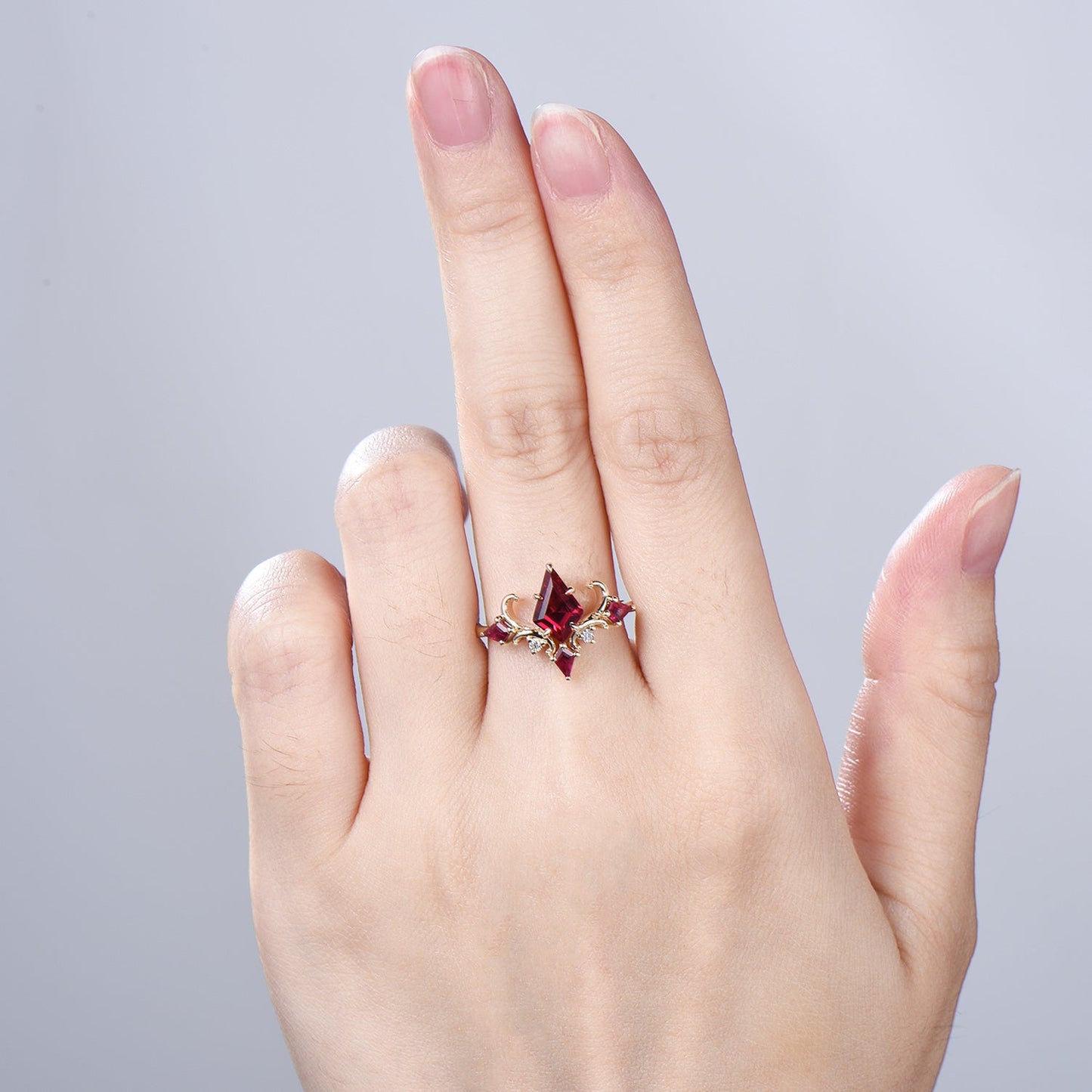 Unique Kite Cut Ruby Engagement Ring Rose Gold Four Max