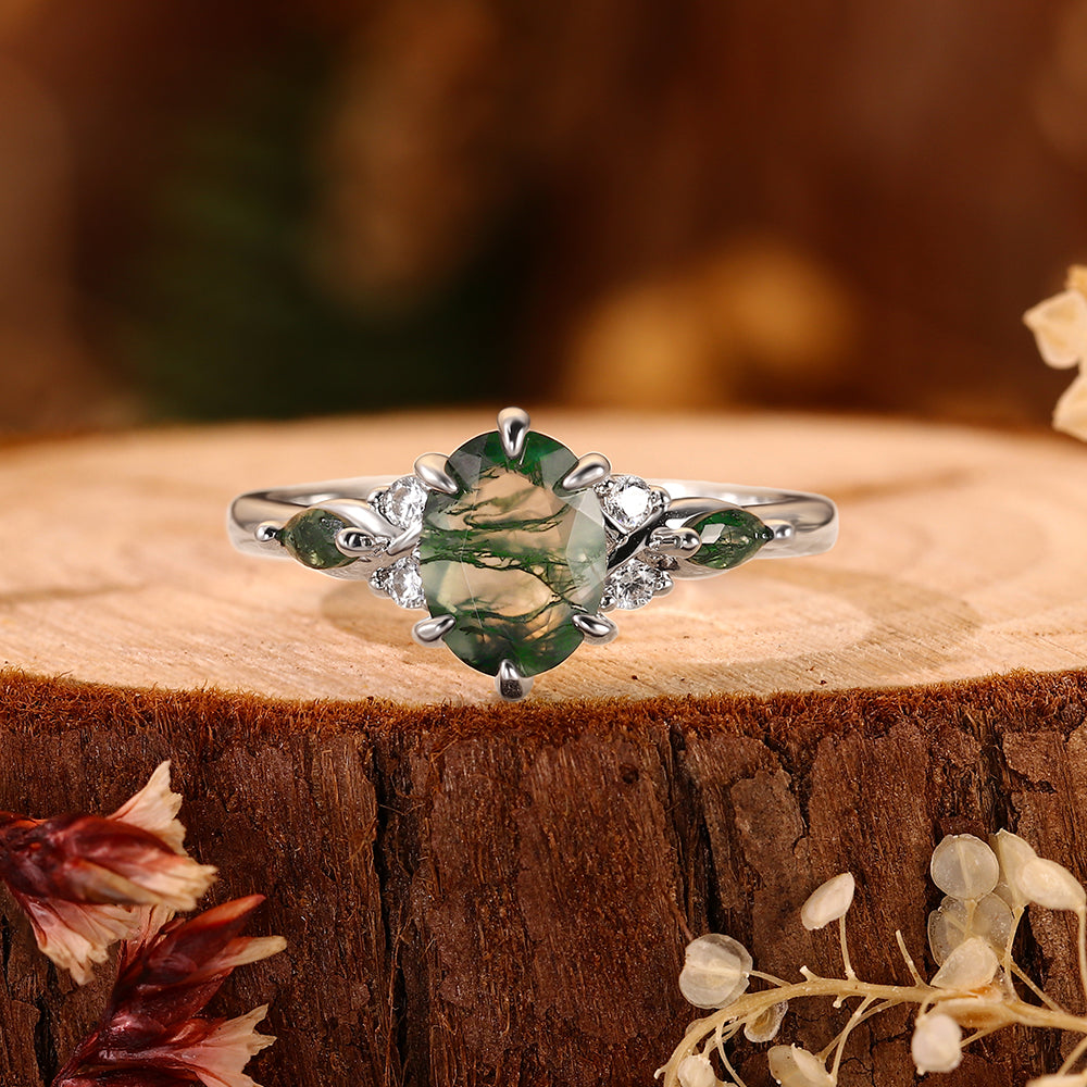 6*8mm Oval Cut Moss Agate Engagement Ring Nature Inspired Leaf Design Ring with Green Accents