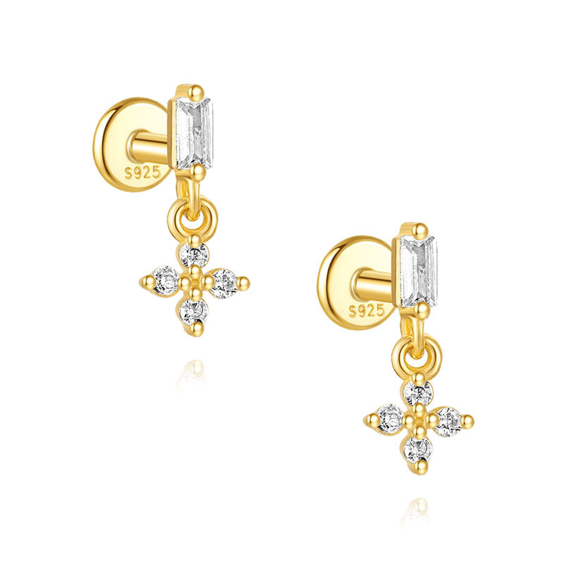 S925 Sterling Silver Gold Plated Baguette CZ Cross Charm Flat Back Cartilage Earring