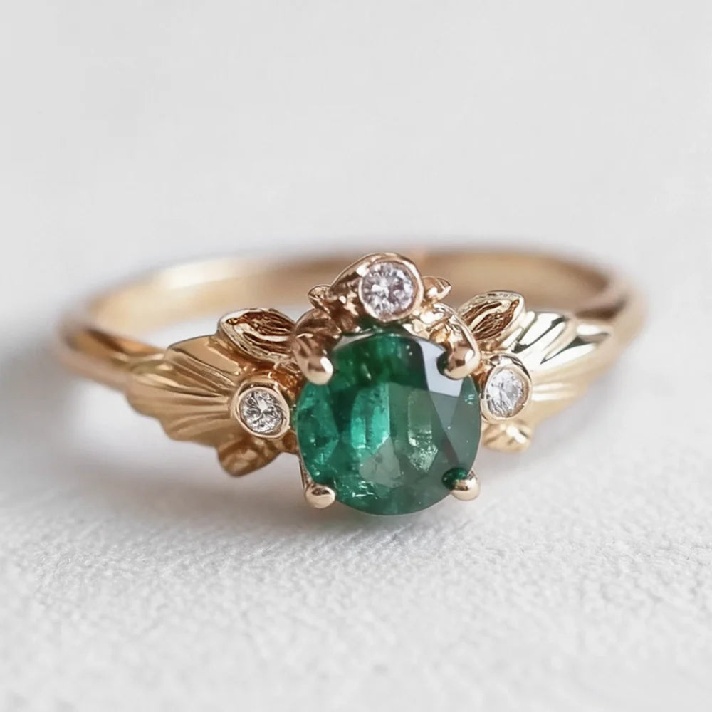 Eve’s Laurel | Natural Emerald Engagement Ring with Diamond Leaf Setting