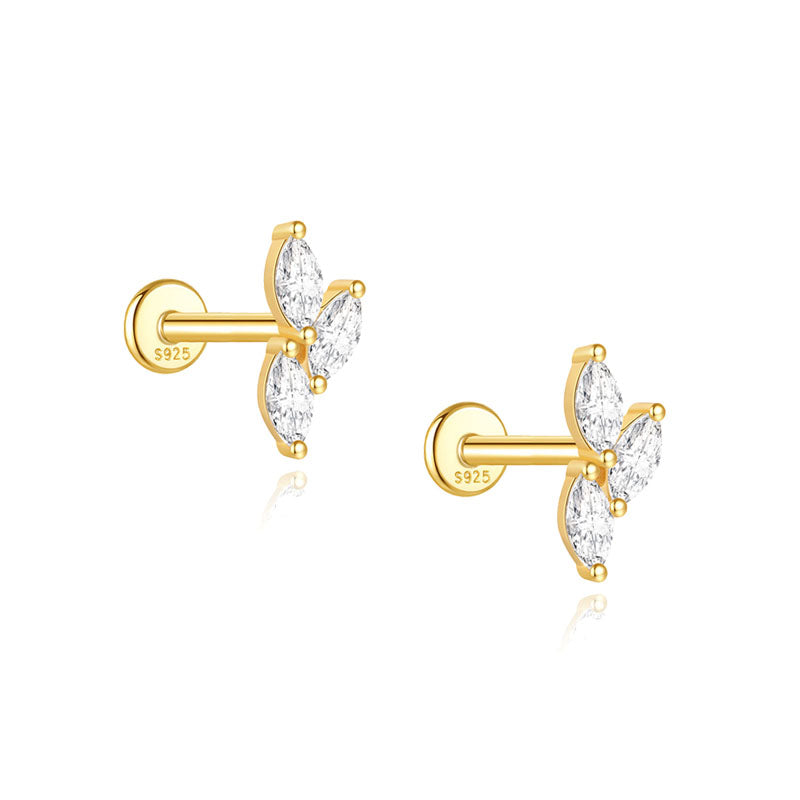 S925 Sterling Silver Gold Plated Three Marquise CZ Leaf Flat Back Cartilage Earring