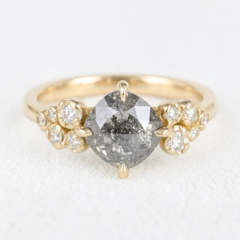 Astrid’s Stardust | 1.5CT Cushion Salt & Pepper Diamond Blossom Engagement Ring