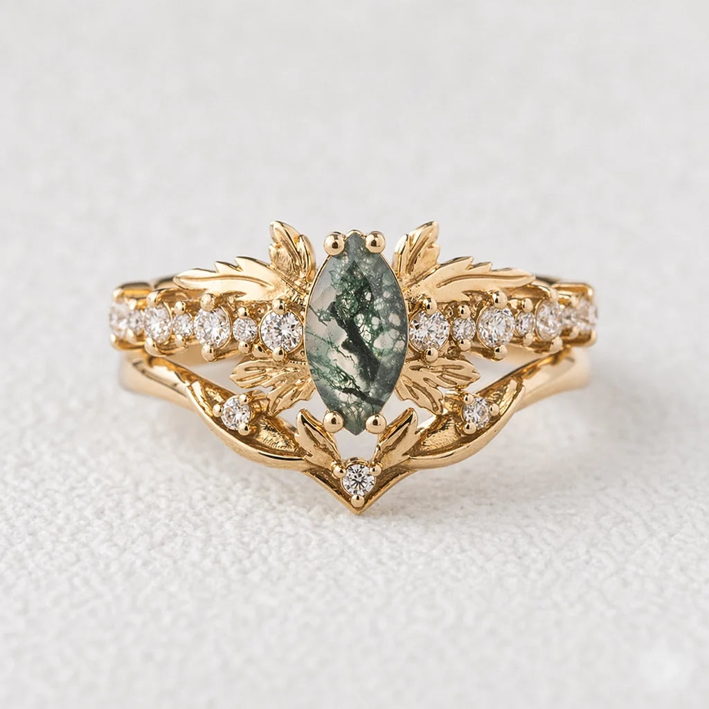 Aurora’s Moss Wing | Marquise Moss Agate Vintage Bridal Set 2pcs