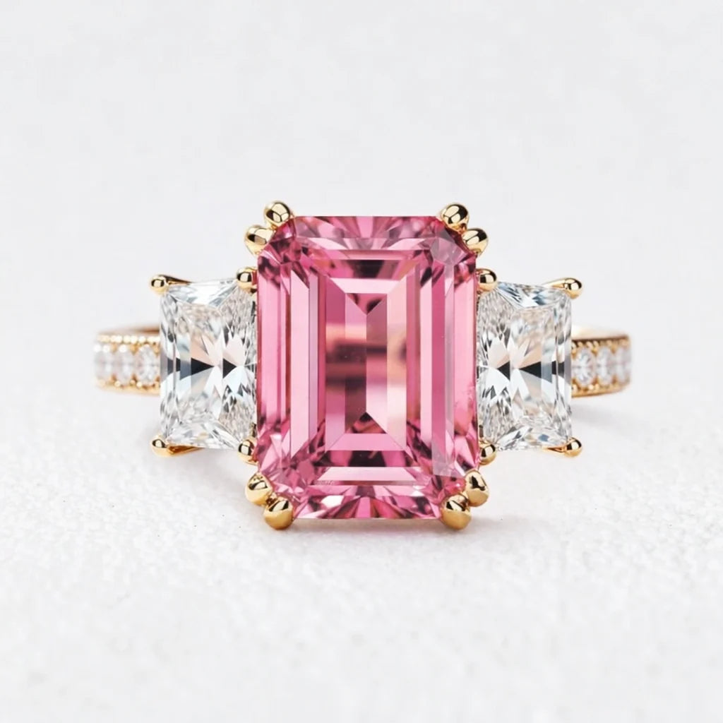 Cleo's Romance | 3CT Emerald Cut Pink Sapphire Engagement  Ring