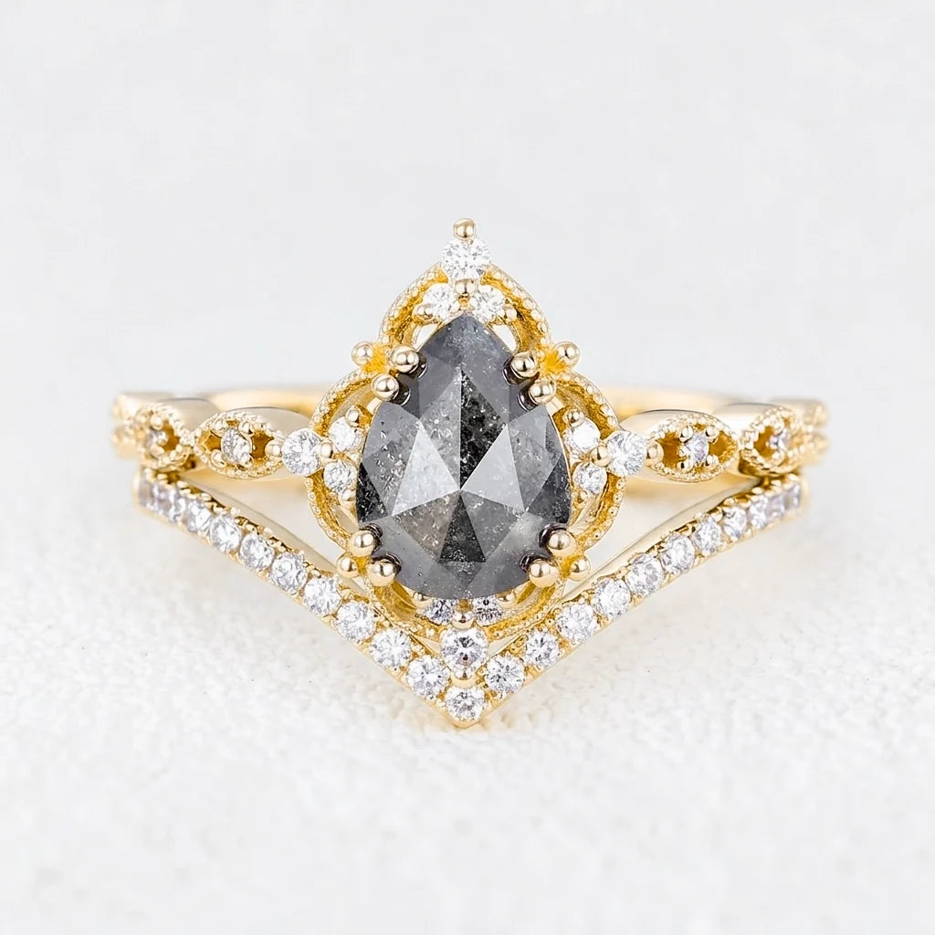 Isadora’s Reverie | Pear Cut Salt & Pepper Diamond Vintage Bridal Set 2pcs