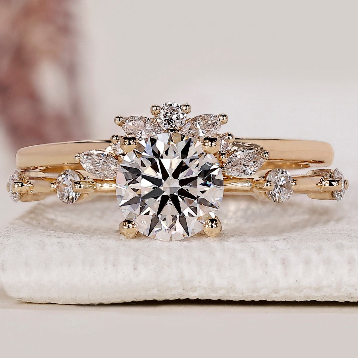 Side Stone Round Cut Engagement Ring with Wedding Band