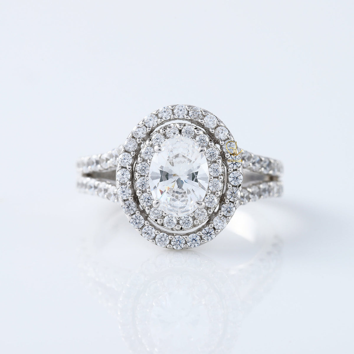 1 ct Oval Cut Lab Grown Split Shank Double Halo Ring
