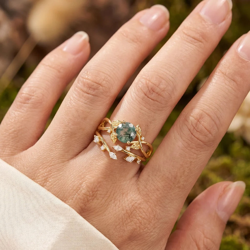 Cordelia Round Cut Moss Agate Leafy Infinity Bridal Set 2pcs