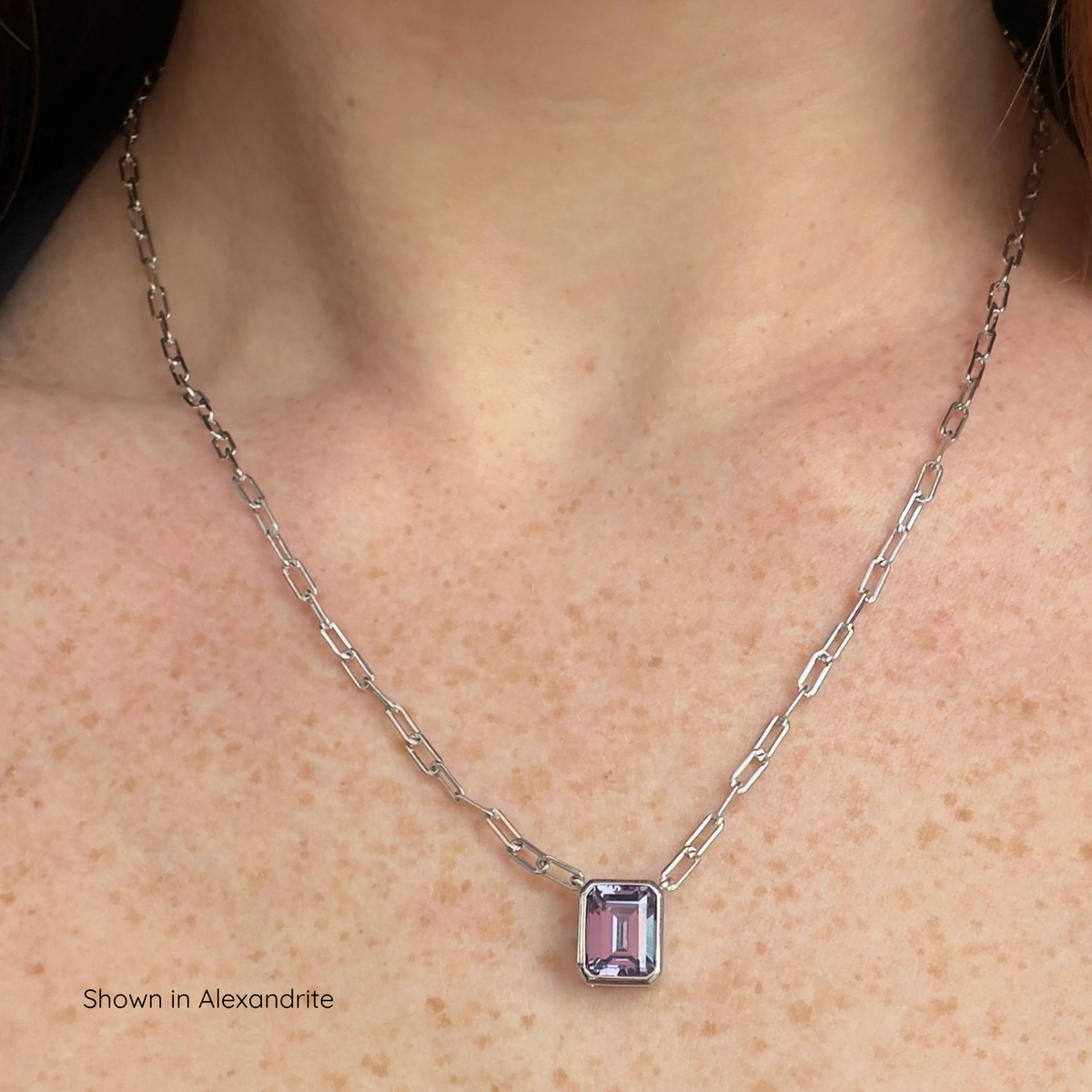 The Gemstone Bezel Necklace | Paperclip Chain | Emerald | Sterling Silver