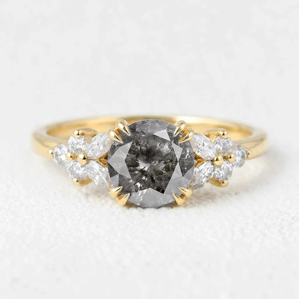 Isadora’s Bloom | 1CT Vintage Round Salt & Pepper Diamond Cluster Engagement Ring