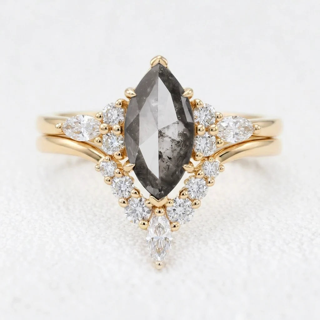 Isadora's Reverie | 1CT Marquise Cut Salt & Pepper Diamond Vintage Bridal Set 2pcs
