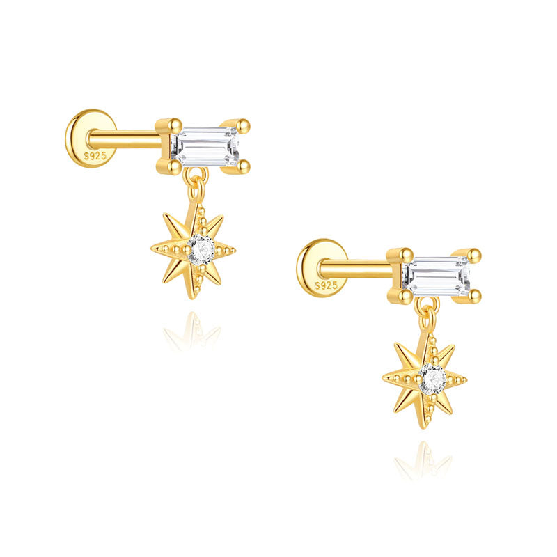 S925 Sterling Silver Gold Plated Baguette CZ with North Star Dangle Flat Back Cartilage Earring