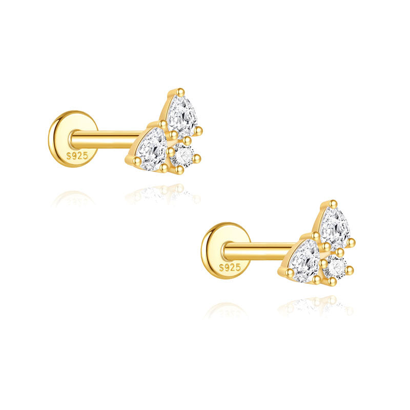 S925 Sterling Silver Gold Plated Three Pear CZ Cluster Flat Back Cartilage Earring