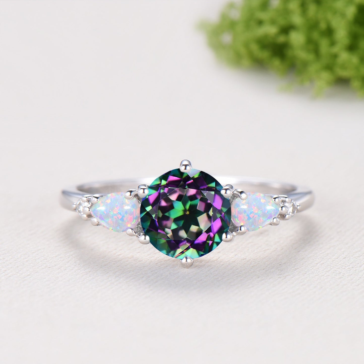 Vintage Mystic Topaz Engagement Ring Set, Five Stone Teardrop Fire White Opal Wedding Bridal Set