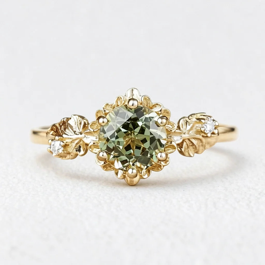 Sylvie’s Blossom | Round Green Sapphire Floral Engagement Ring