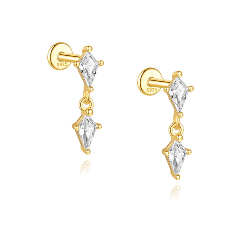 S925 Sterling Silver Gold Plated Double Kite-Cut CZ Chain Dangle Flat Back Cartilage Earring