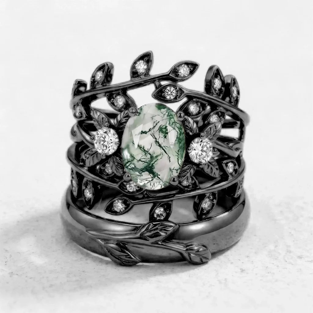 Léonie Oval Cut Moss Agate Leafy Gold Couple Ring Set
